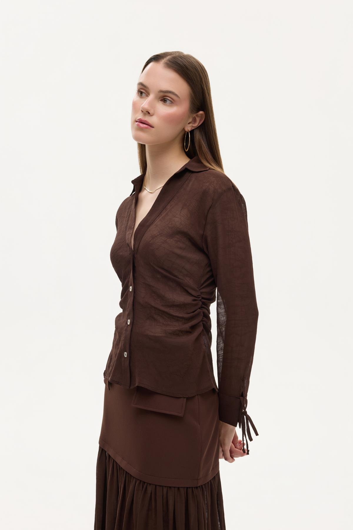 Quzu Transparan Kraşlı Gömlek Kahve