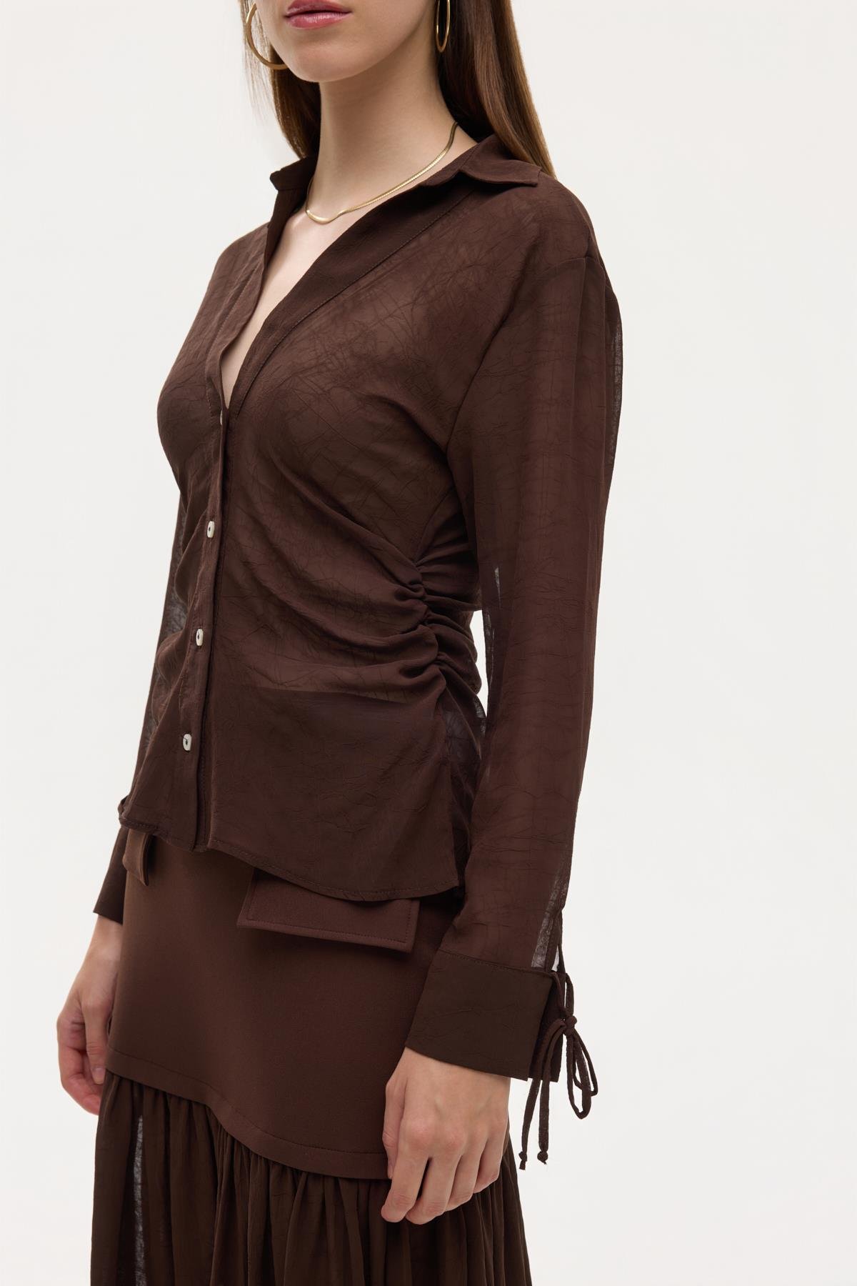 Quzu Transparan Kraşlı Gömlek Kahve