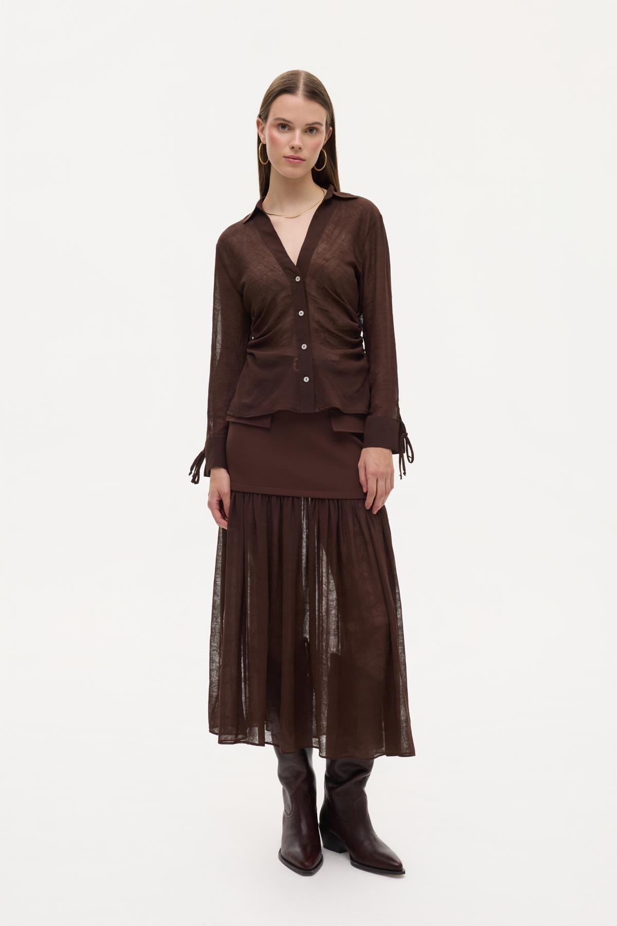 Quzu Transparan Kraşlı Gömlek Kahve