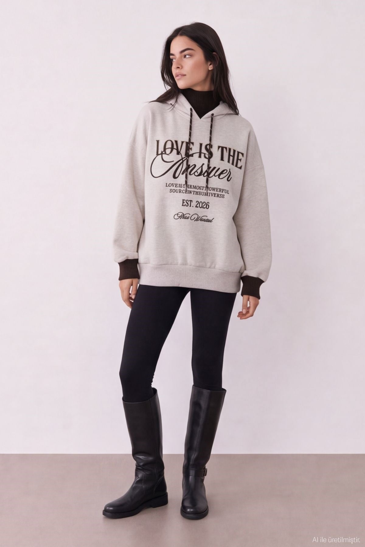 Quzu Triko Detaylı Nakışlı Sweatshirt Bejmelanj