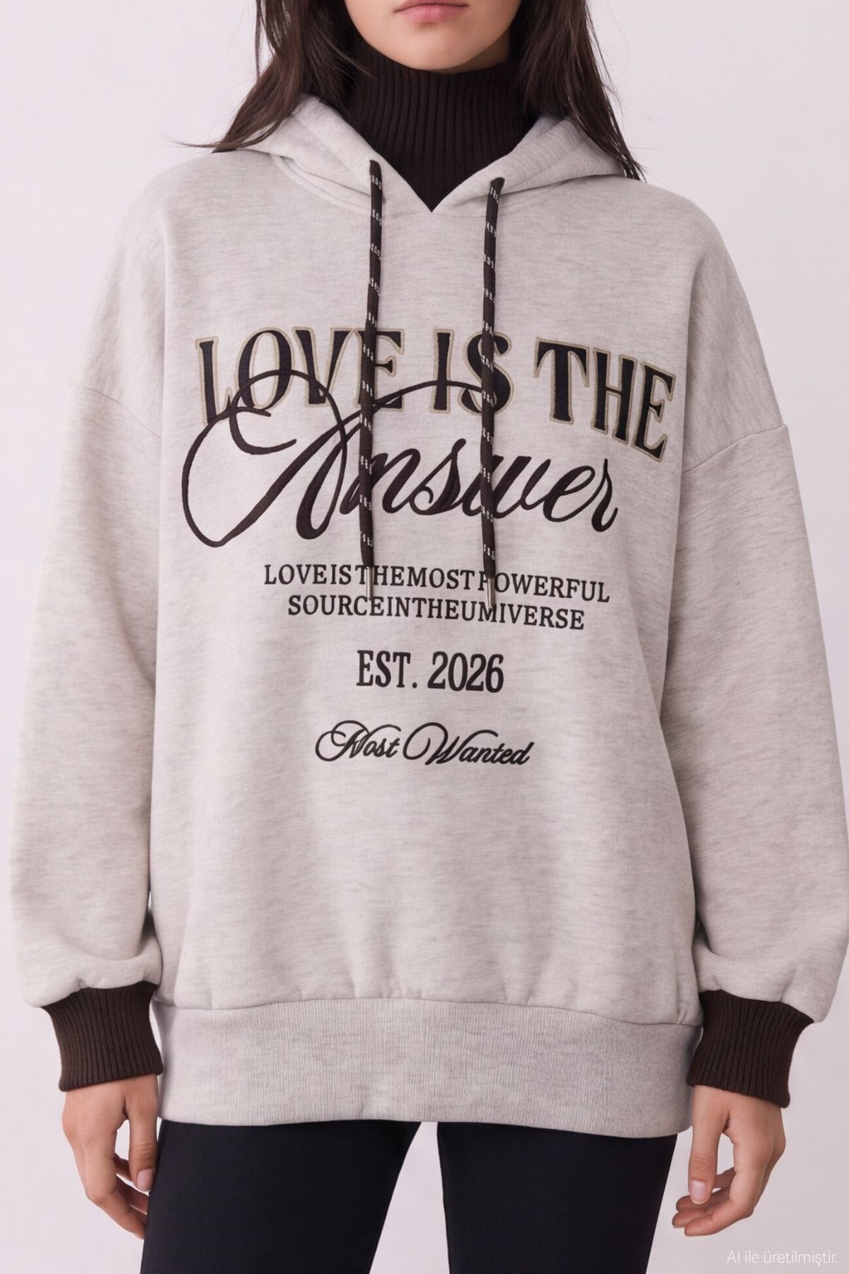 Quzu Triko Detaylı Nakışlı Sweatshirt Bejmelanj