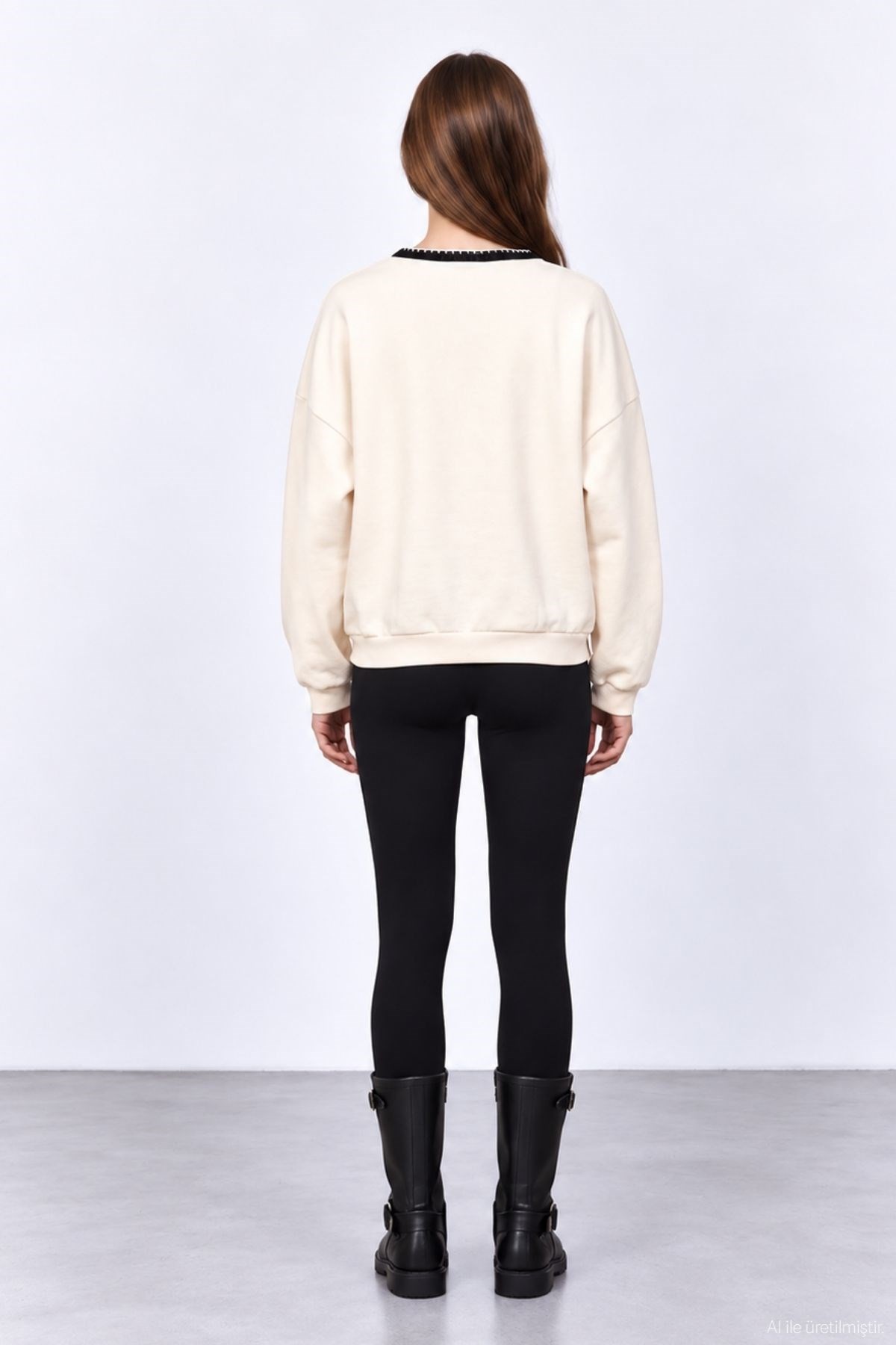 Quzu Triko Yaka Detaylı Sweatshirt Krem