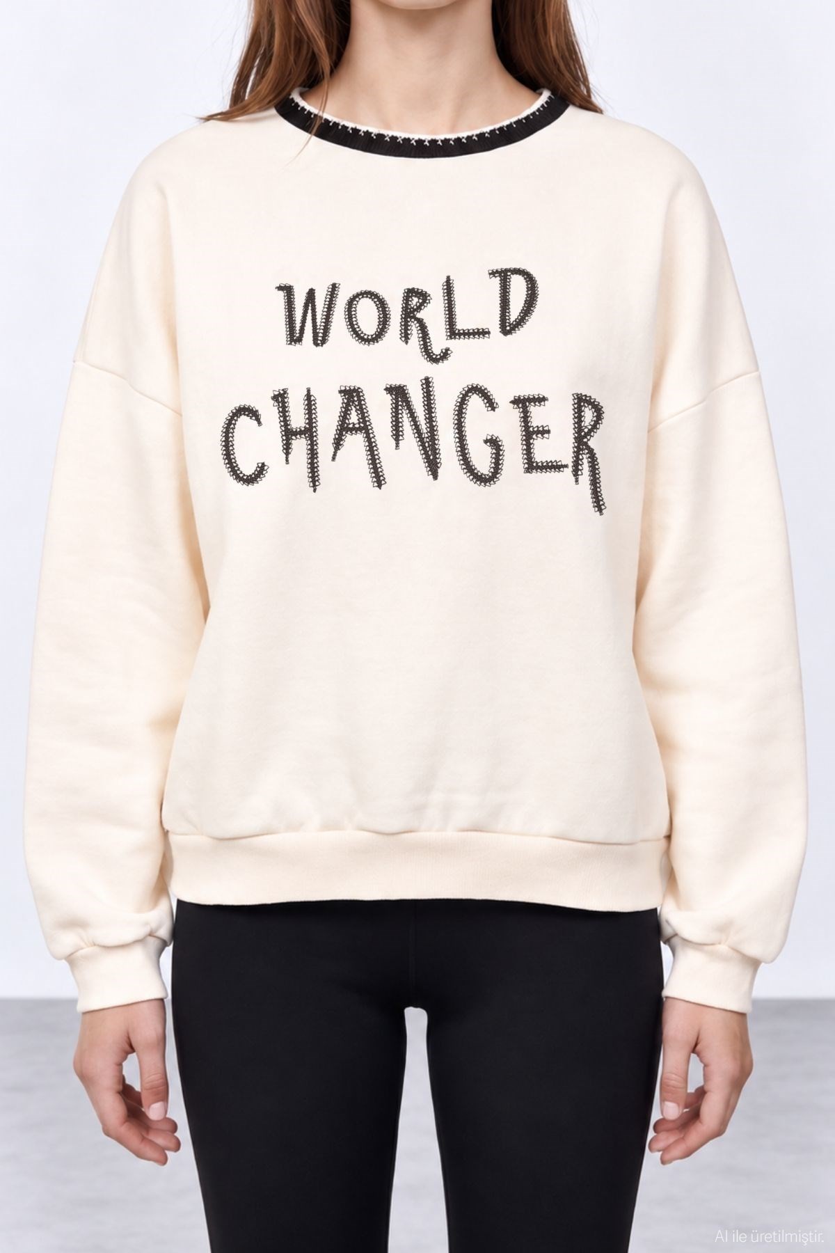 Quzu Triko Yaka Detaylı Sweatshirt Krem