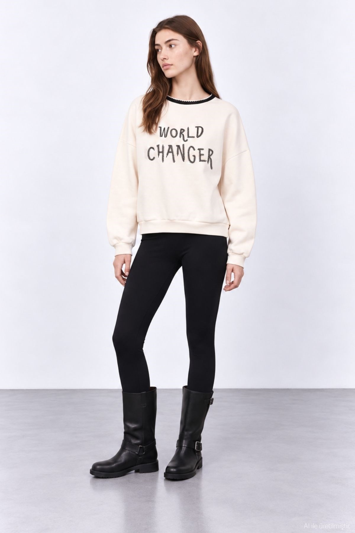 Quzu Triko Yaka Detaylı Sweatshirt Krem