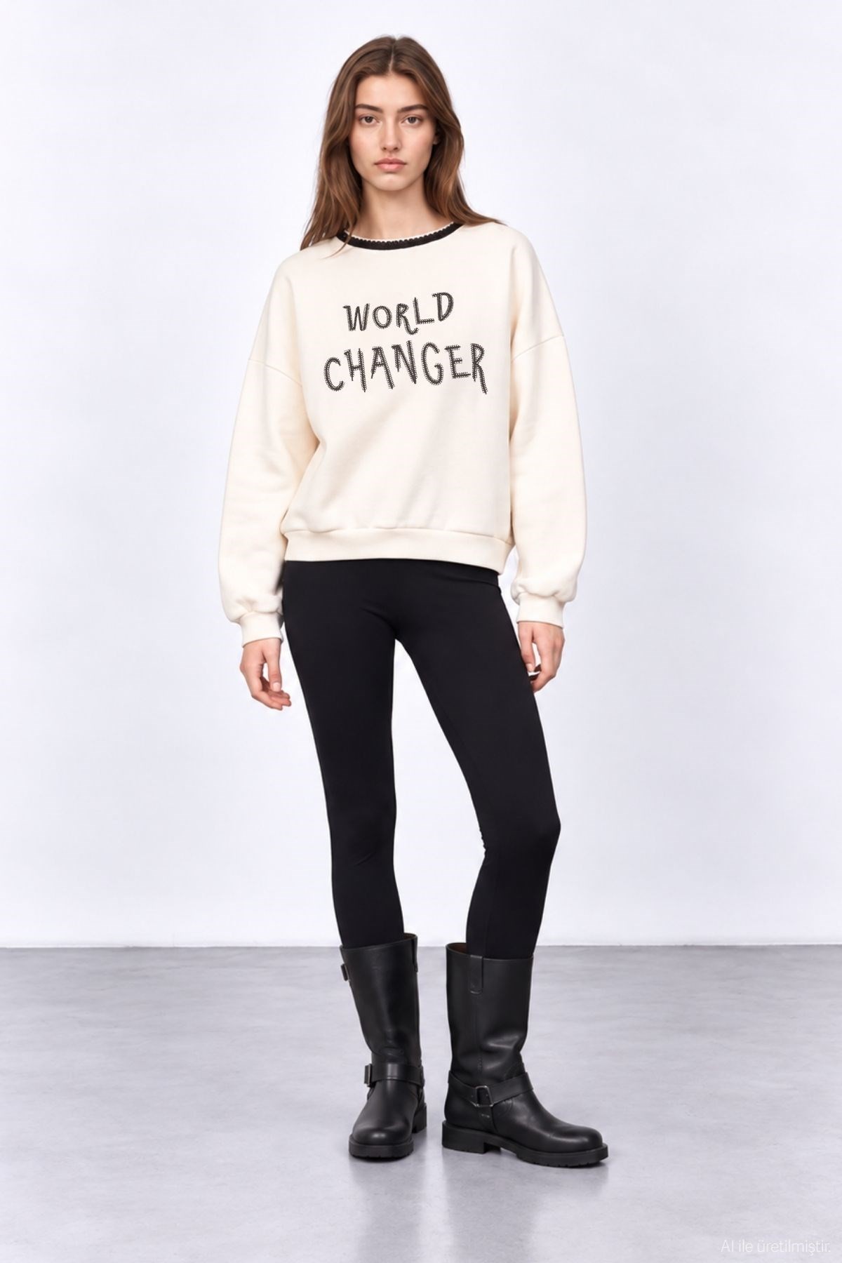 Quzu Triko Yaka Detaylı Sweatshirt Krem