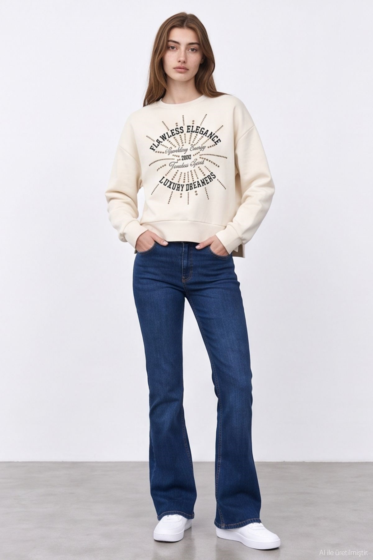 Quzu Trok Baskı Detaylı Sweatshirt Krem