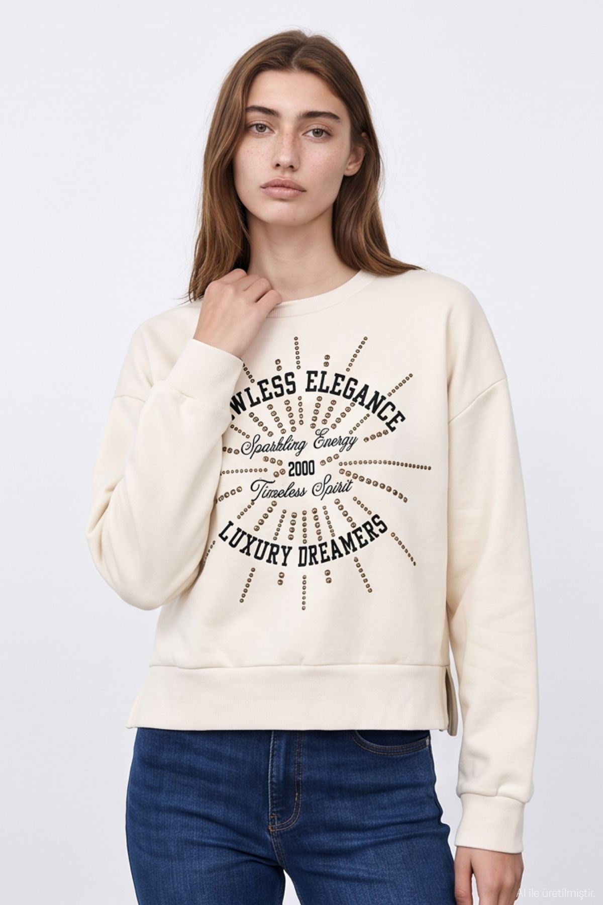 Quzu Trok Baskı Detaylı Sweatshirt Krem