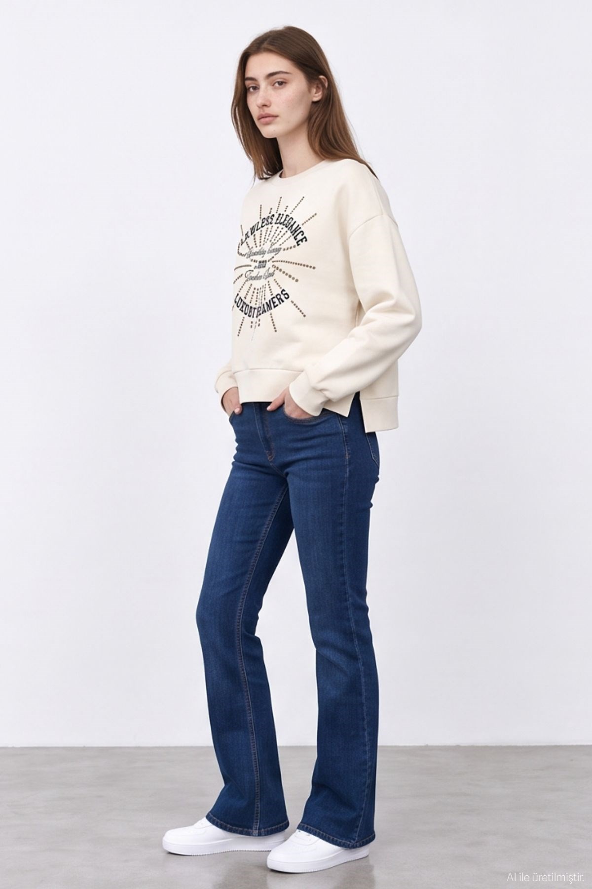 Quzu Trok Baskı Detaylı Sweatshirt Krem