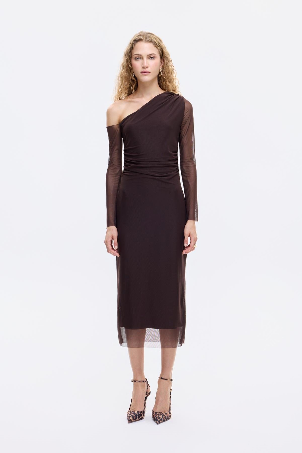 Quzu Tül Detaylı Elbise Kahve