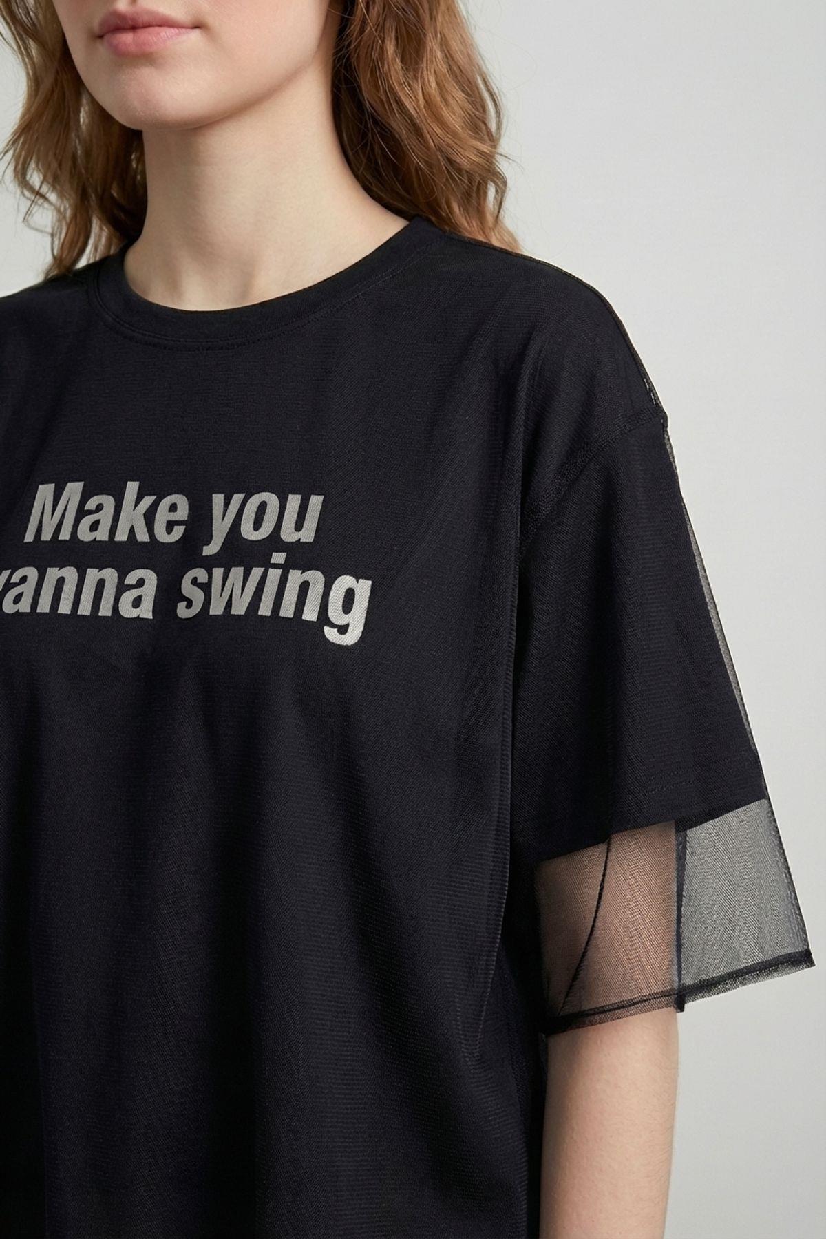 Quzu Tül Detaylı Kısa Kollu T-shirt Siyah