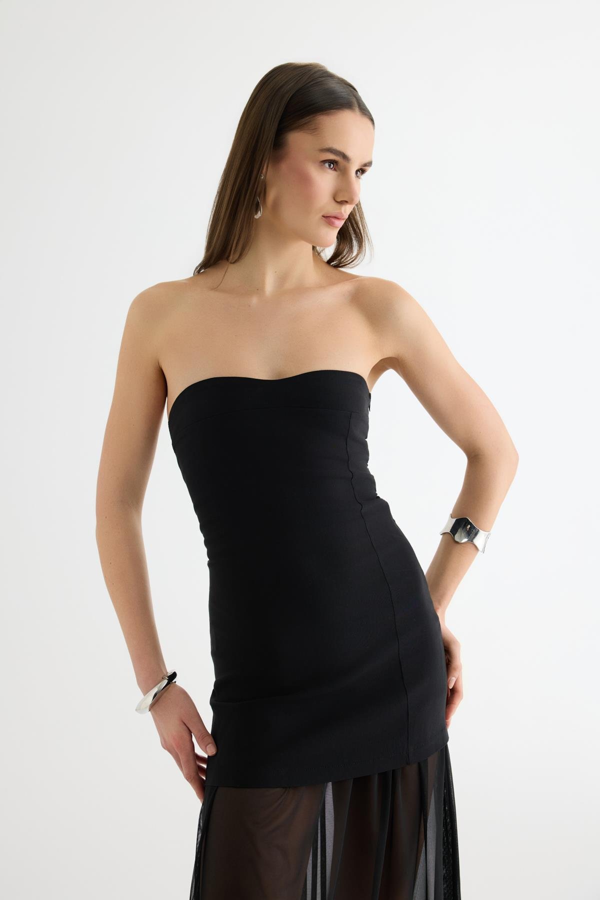 Quzu Tül Matchli Elbise Siyah