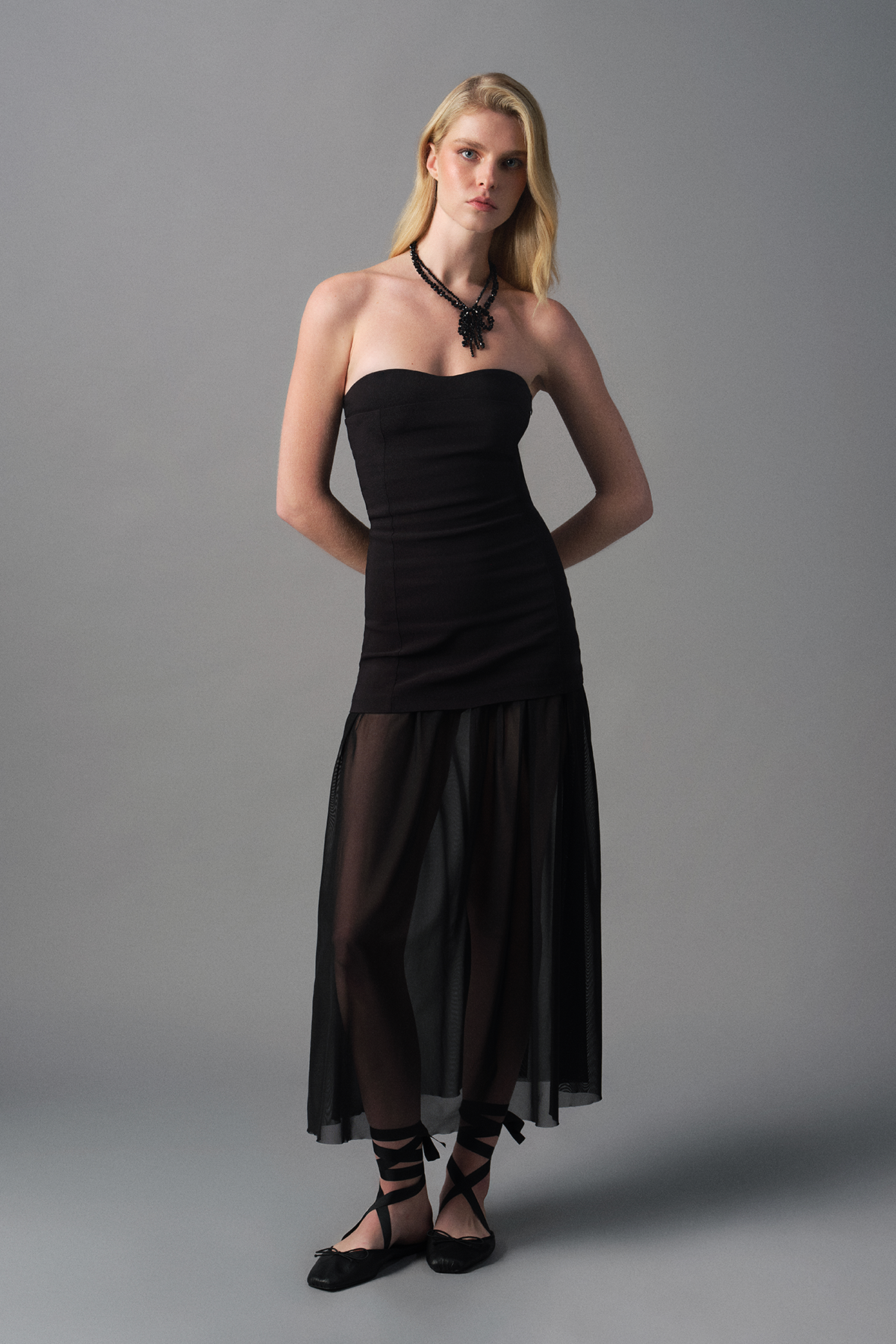 Quzu Tül Matchli Elbise Siyah