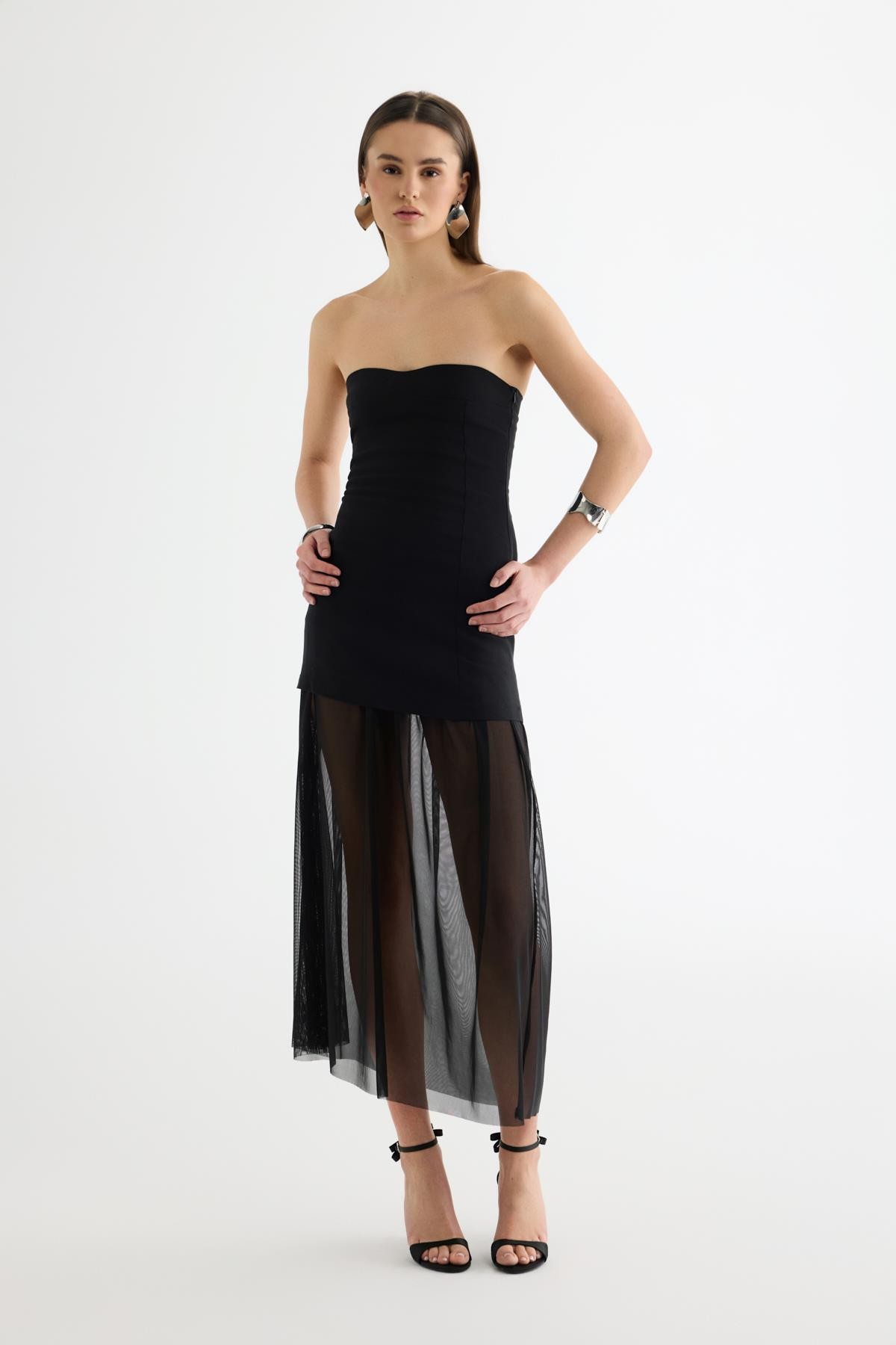 Quzu Tül Matchli Elbise Siyah