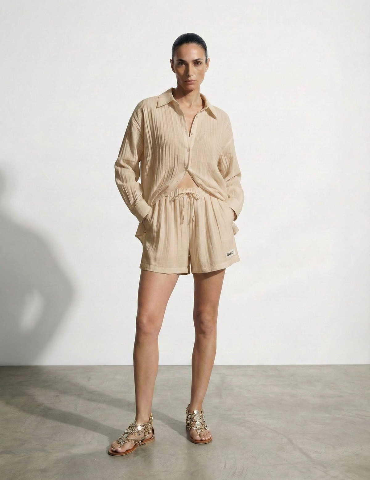 Quzu Uzun Kollu Oversize Gömlek Bej