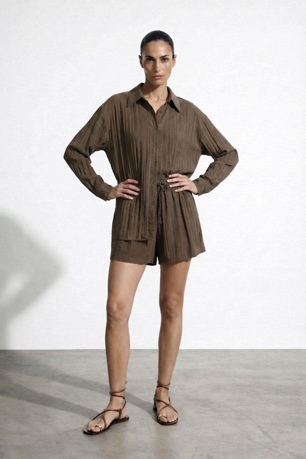 Quzu Uzun Kollu Oversize Gömlek Kahve