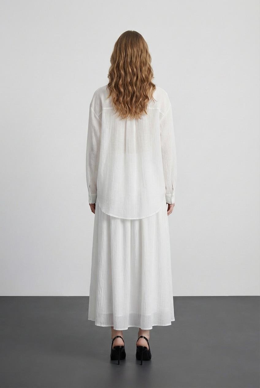 Quzu Uzun Kollu Transparan Gömlek Ekru