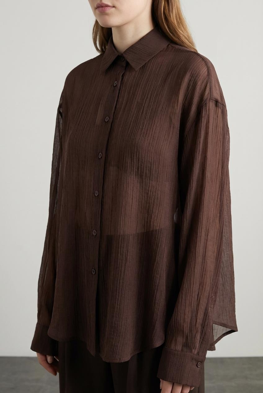 Quzu Uzun Kollu Transparan Gömlek Kahve