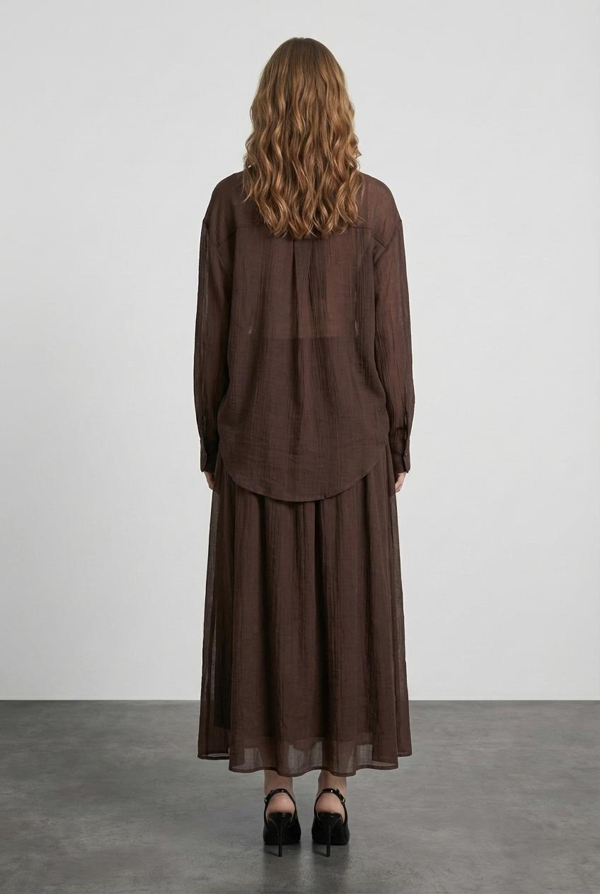 Quzu Uzun Kollu Transparan Gömlek Kahve