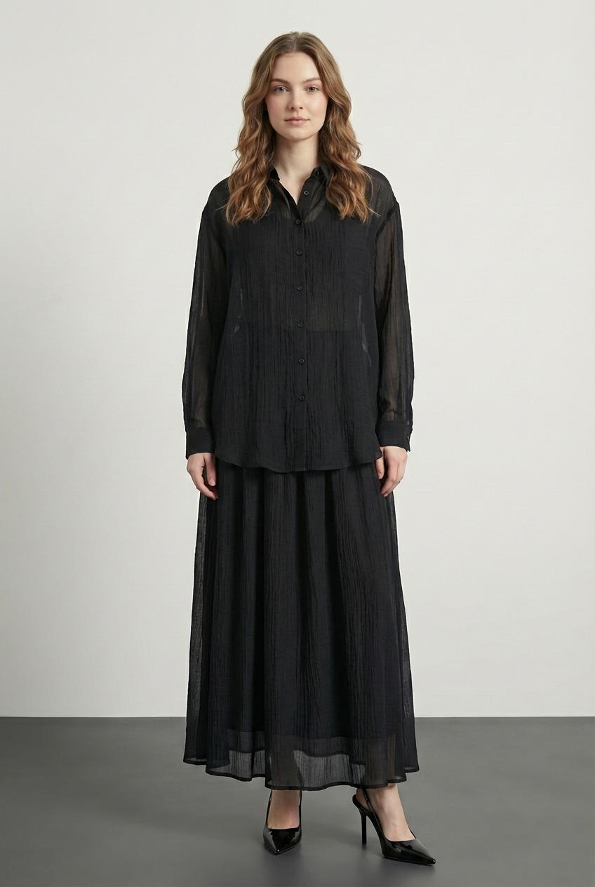 Quzu Uzun Kollu Transparan Gömlek Siyah