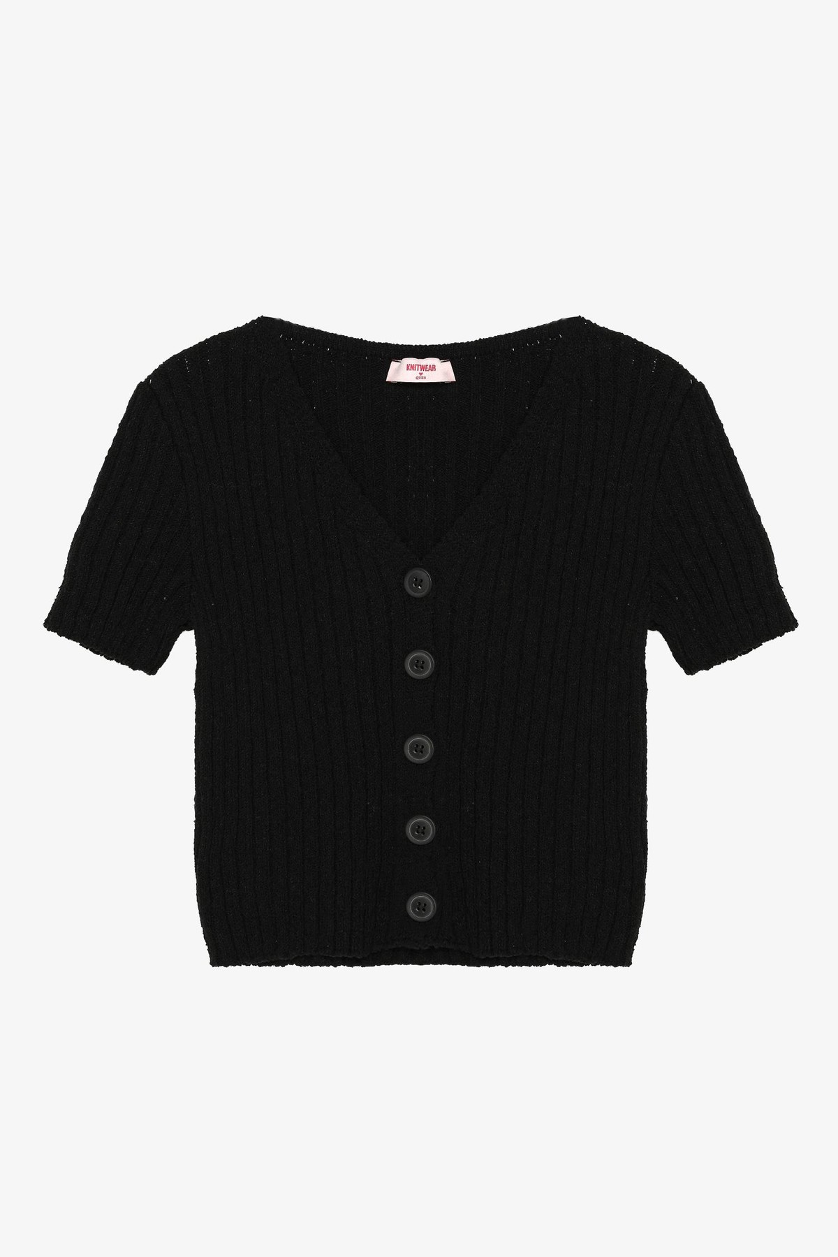 Quzu V Yaka Düğmeli Triko Siyah