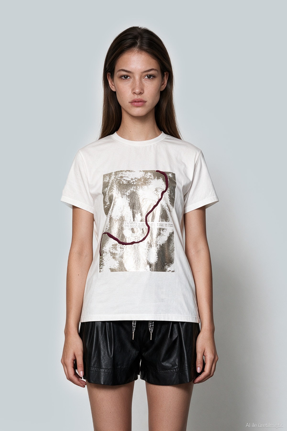 Quzu Varak Baskı Detaylı T-shirt Ekru