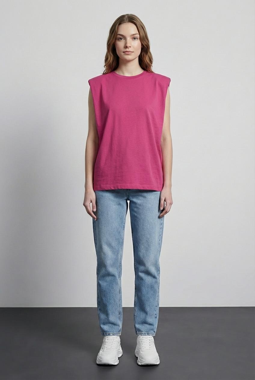 Quzu Vatkalı Kolsuz Tshirt Fuşya