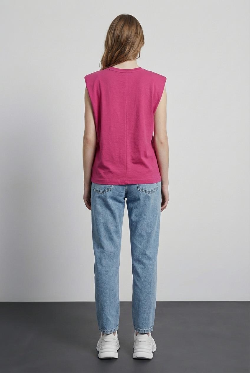 Quzu Vatkalı Kolsuz Tshirt Fuşya