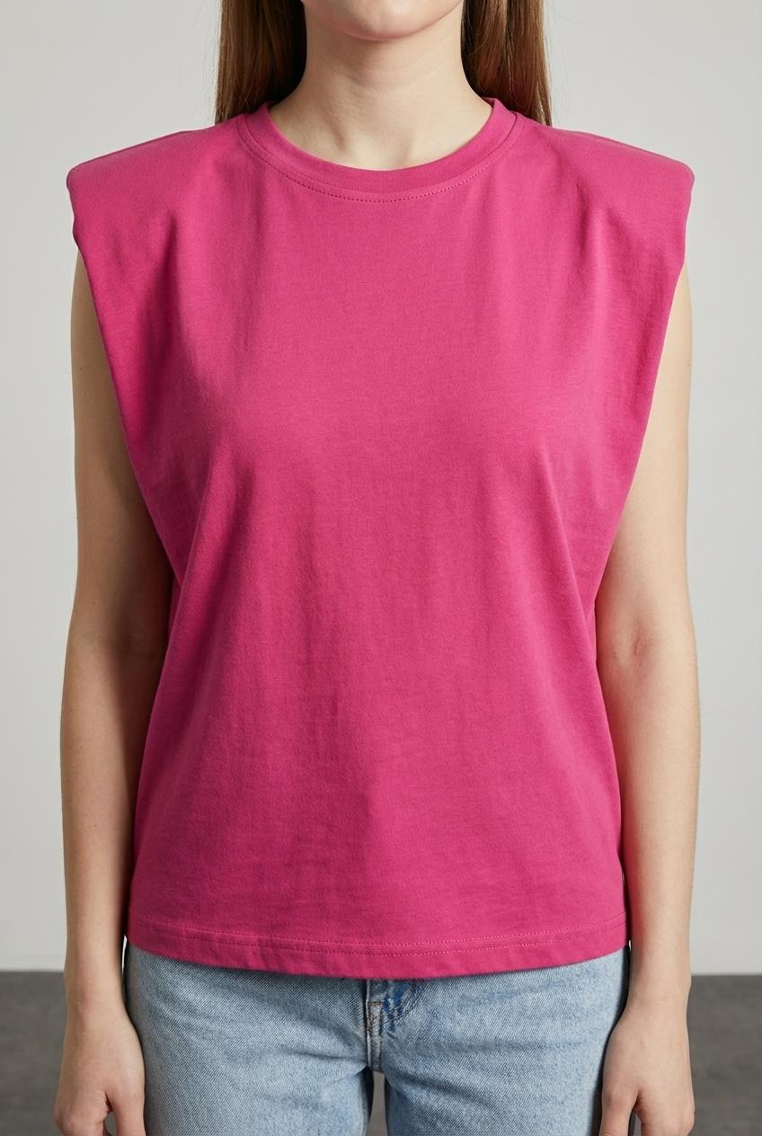Quzu Vatkalı Kolsuz Tshirt Fuşya
