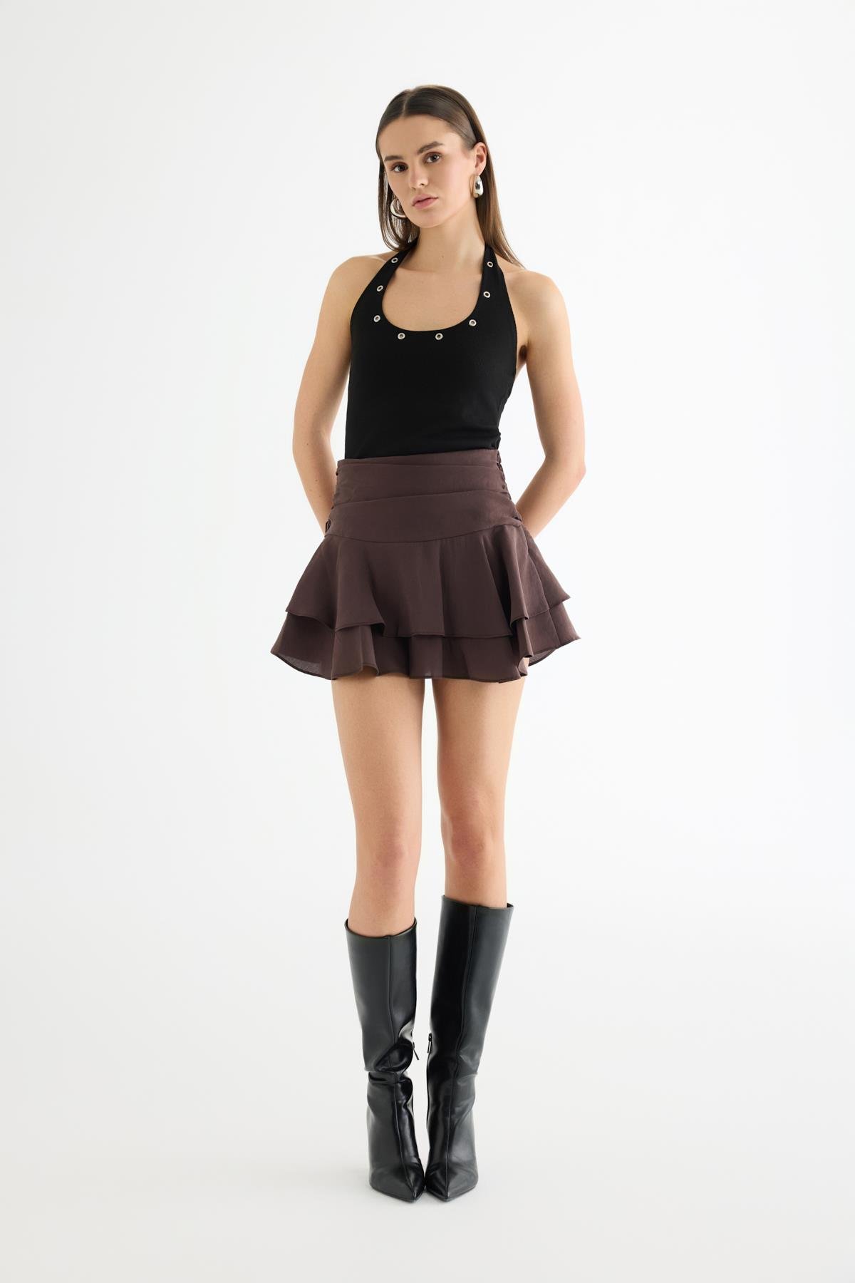 Quzu Volanlı Etek Kahve