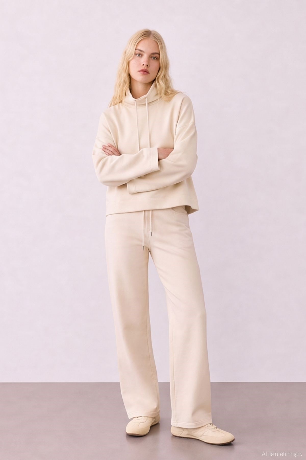 Quzu Yaka Detaylı Sweatshirt Bej