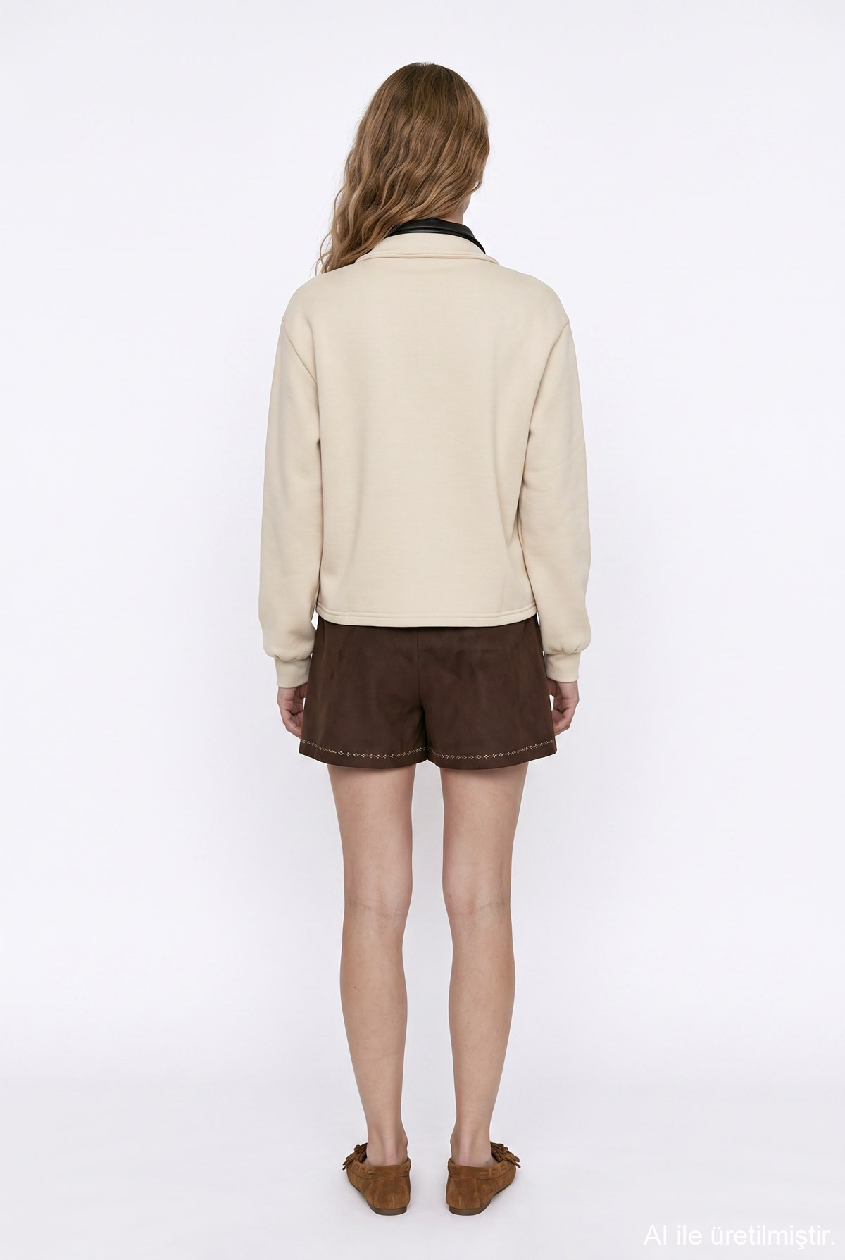 Quzu Yaka Detaylı Sweatshirt Bej