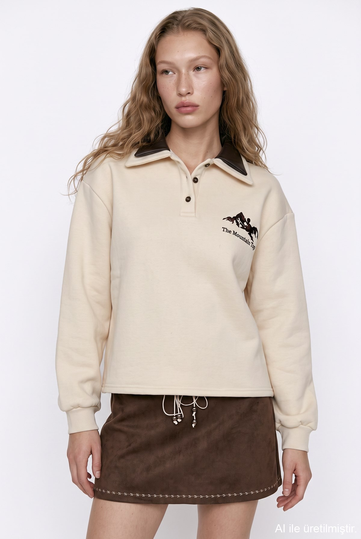 Quzu Yaka Detaylı Sweatshirt Bej