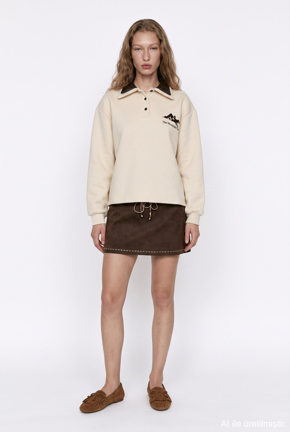 Quzu Yaka Detaylı Sweatshirt Bej