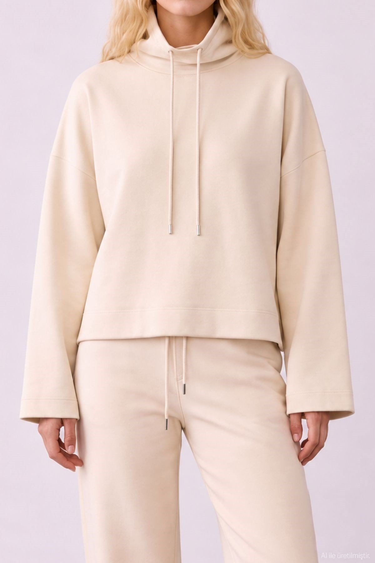 Quzu Yaka Detaylı Sweatshirt Bej