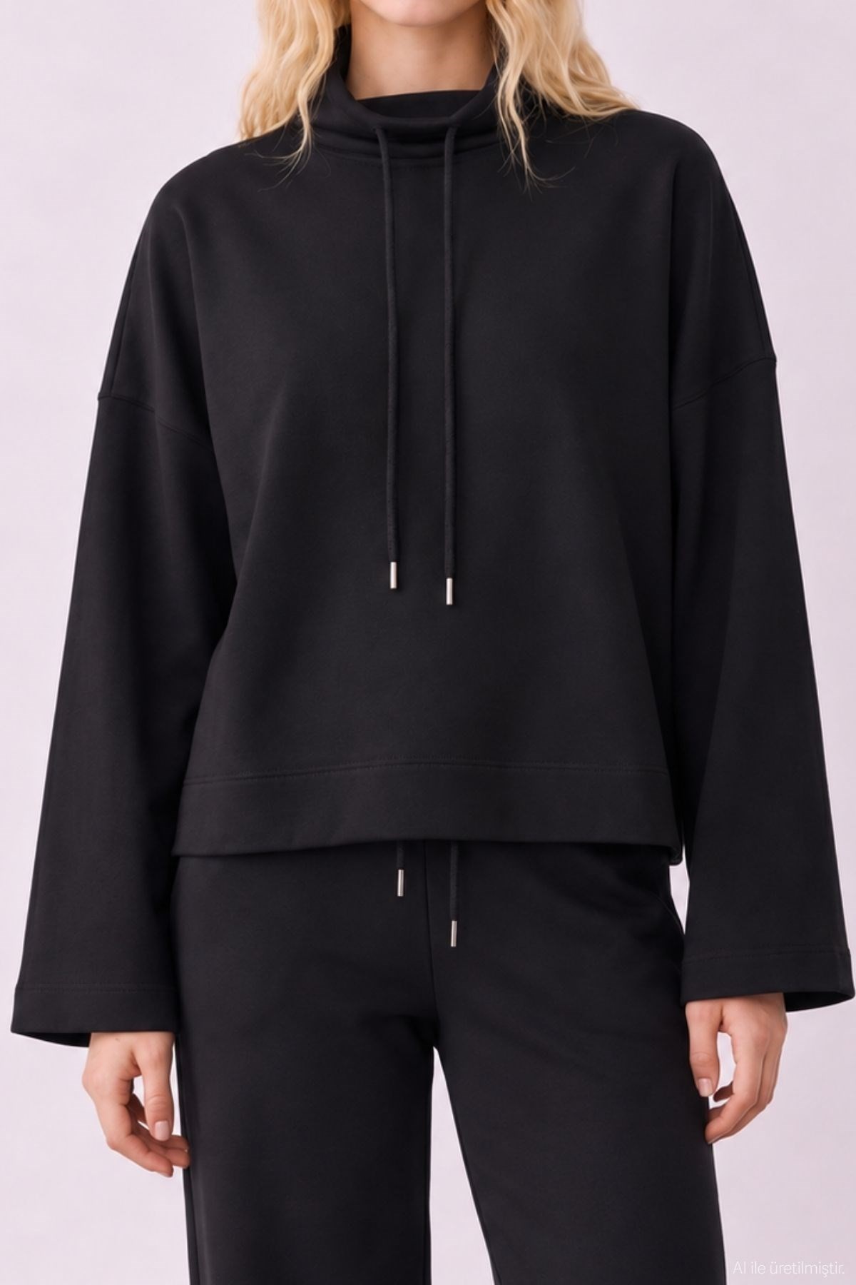 Quzu Yaka Detaylı Sweatshirt Siyah