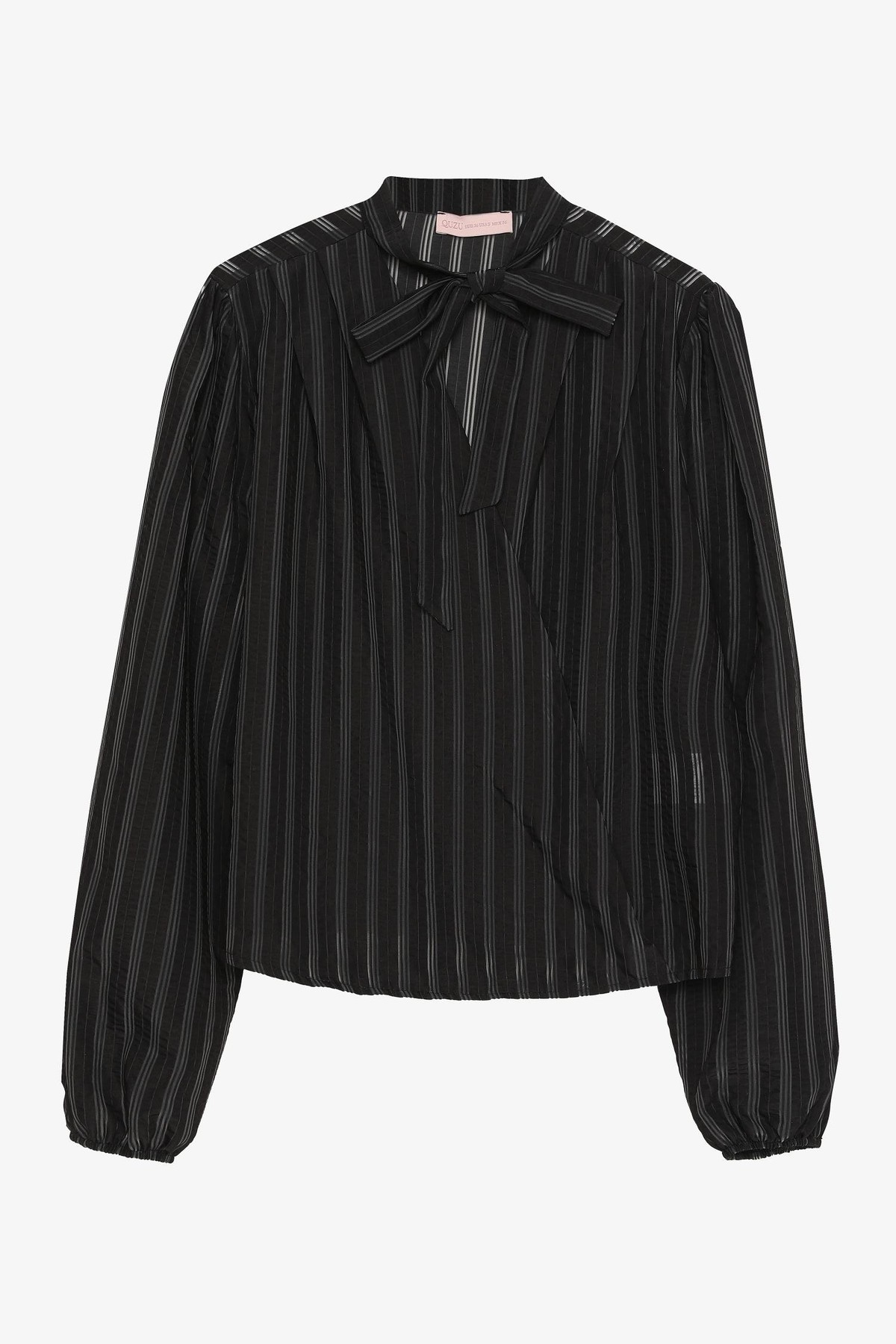 Quzu Yakası Bağlamalı Uzun Kollu Bluz Siyah