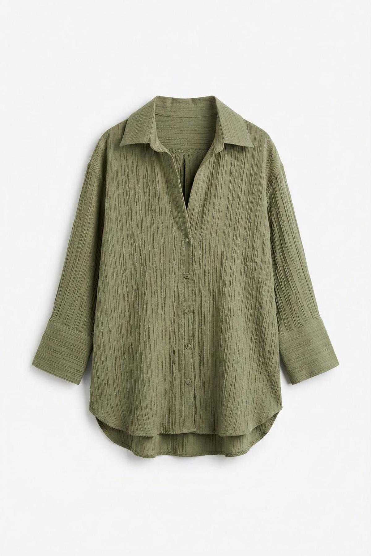 Quzu Yanları Yırtmaçlı Gömlek Haki