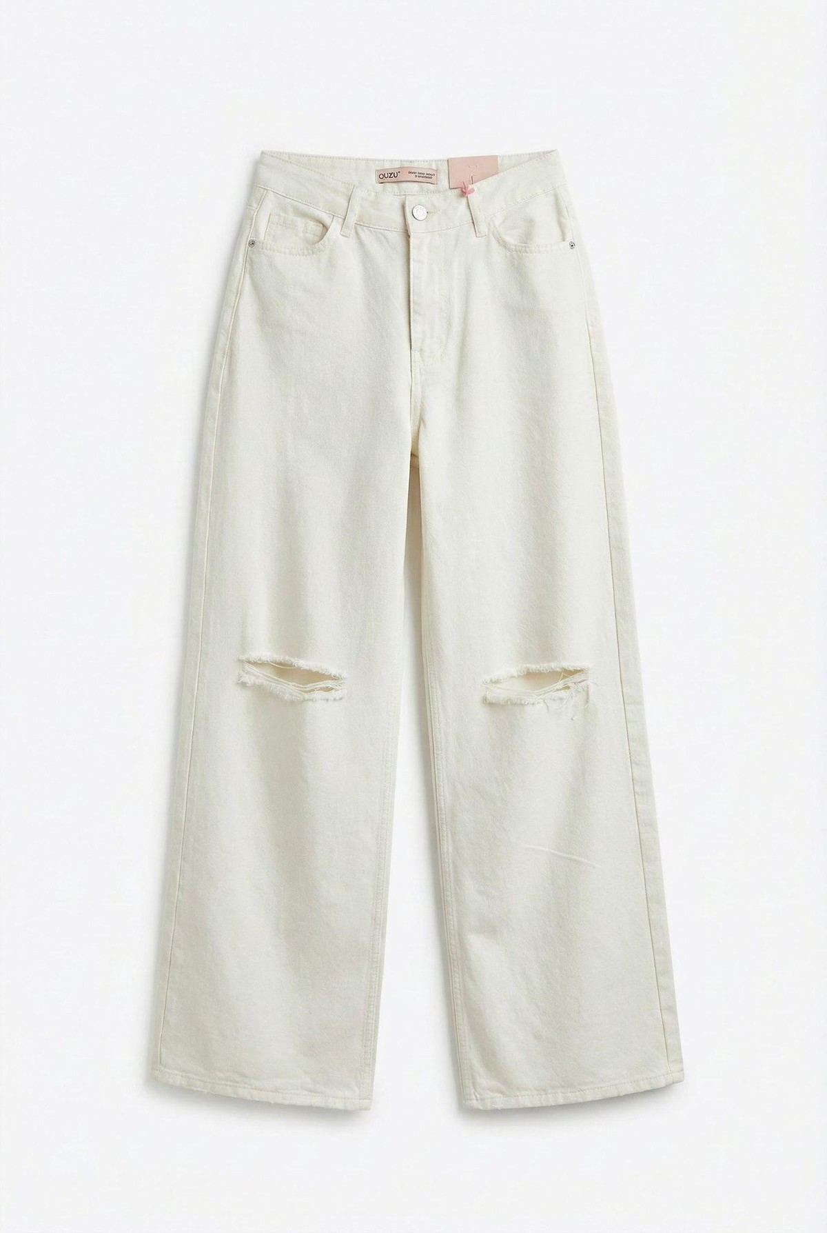Quzu Yırtık Detaylı Bol Paça Pantolon Ekru