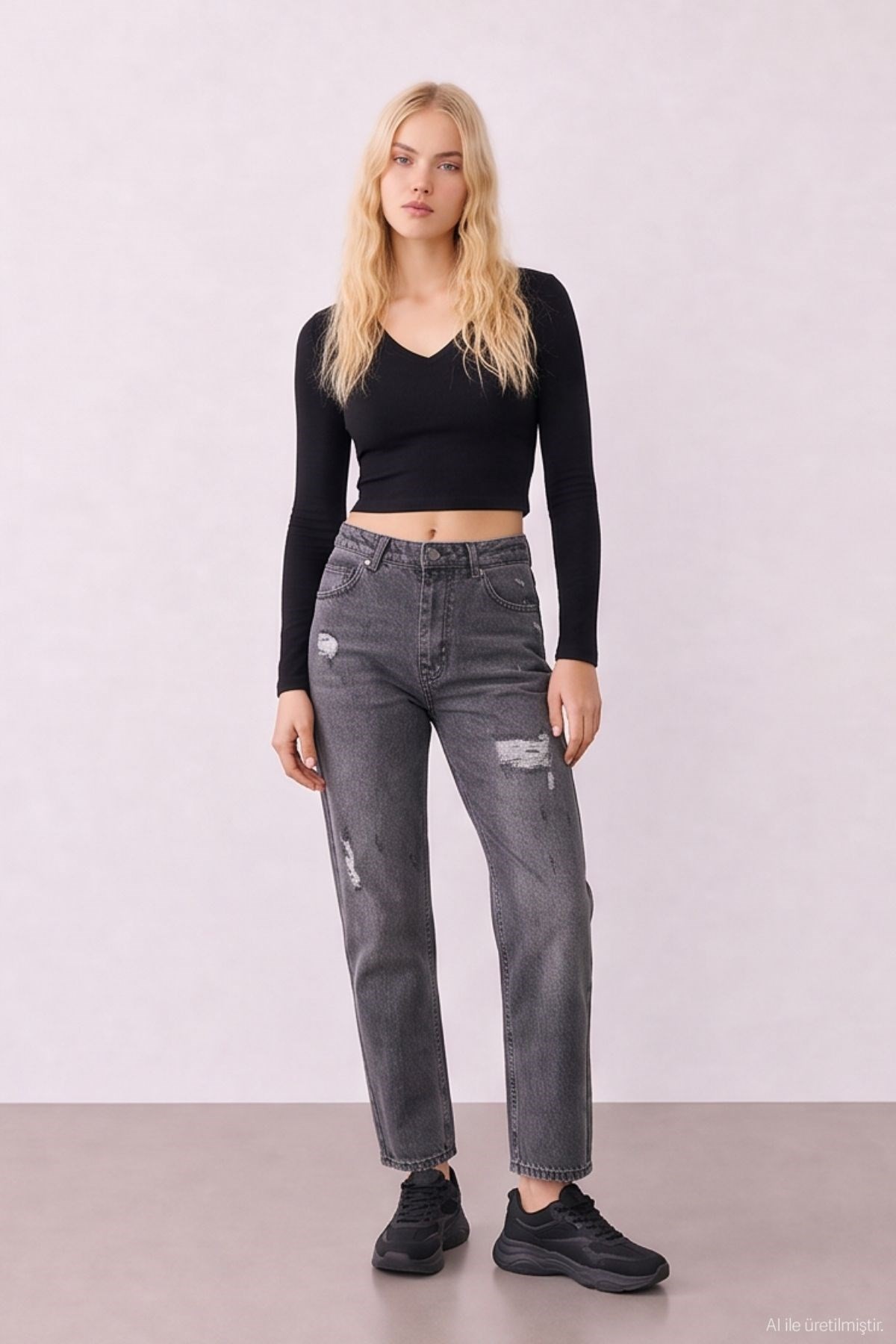 Quzu Yırtık Detaylı Denim Pantolon Antrasit