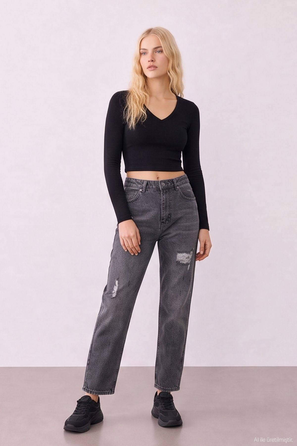 Quzu Yırtık Detaylı Denim Pantolon Antrasit