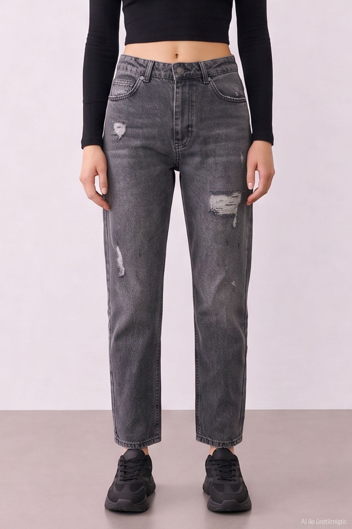 Quzu Yırtık Detaylı Denim Pantolon Antrasit