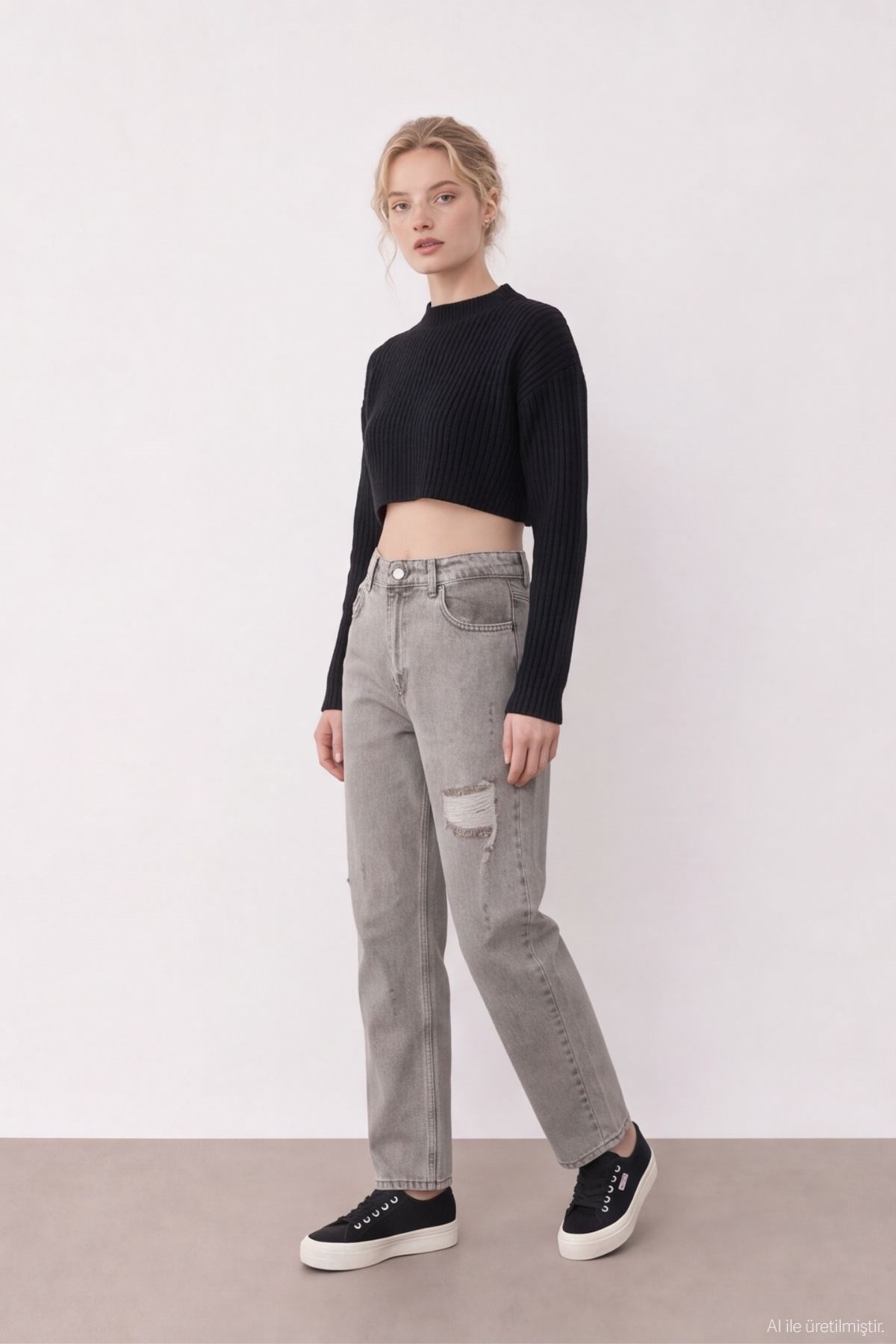 Quzu Yırtık Detaylı Denim Pantolon Bej