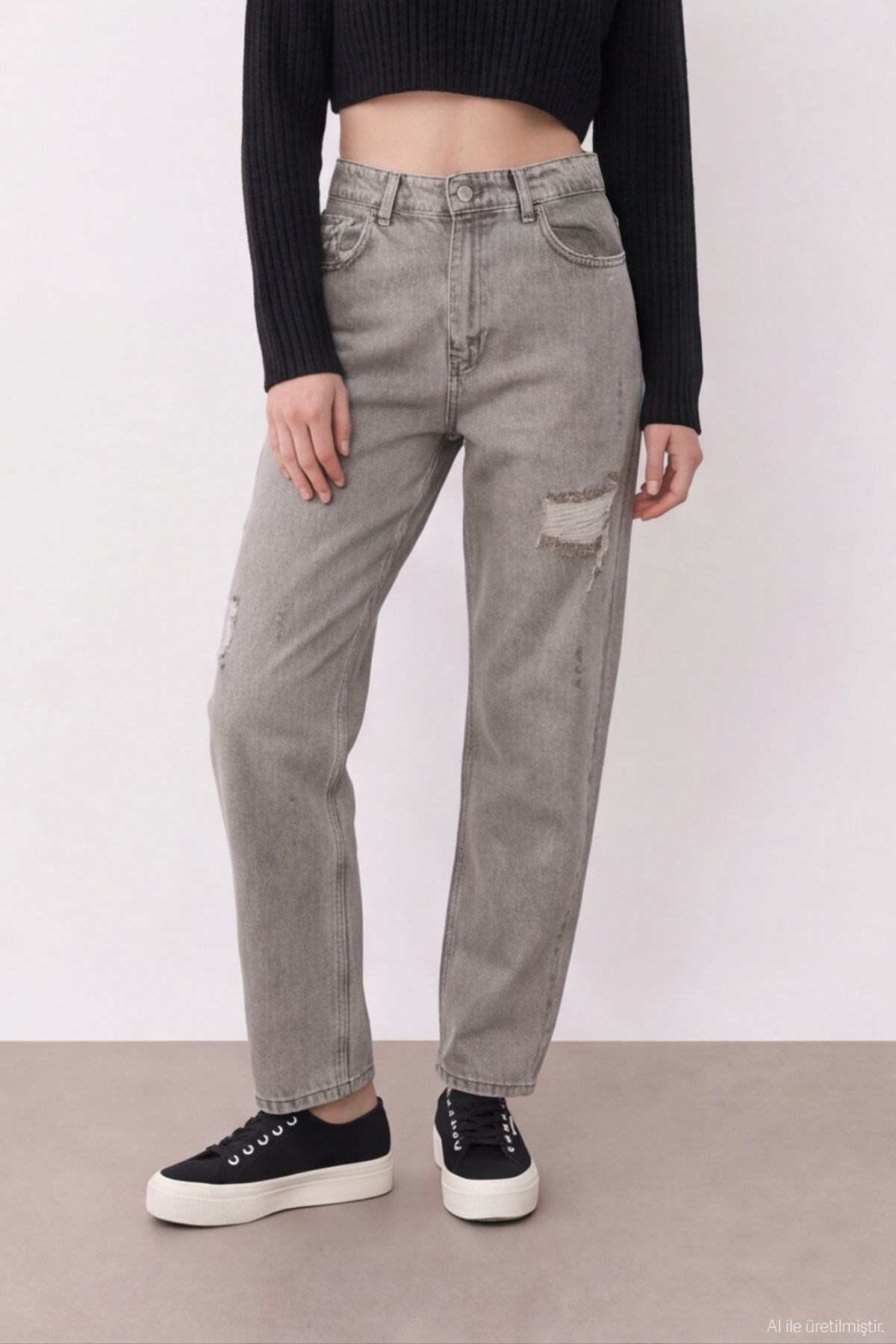 Quzu Yırtık Detaylı Denim Pantolon Bej