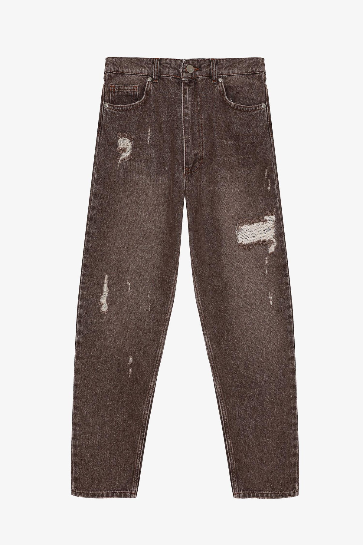 Quzu Yırtık Detaylı Denim Pantolon Kahve