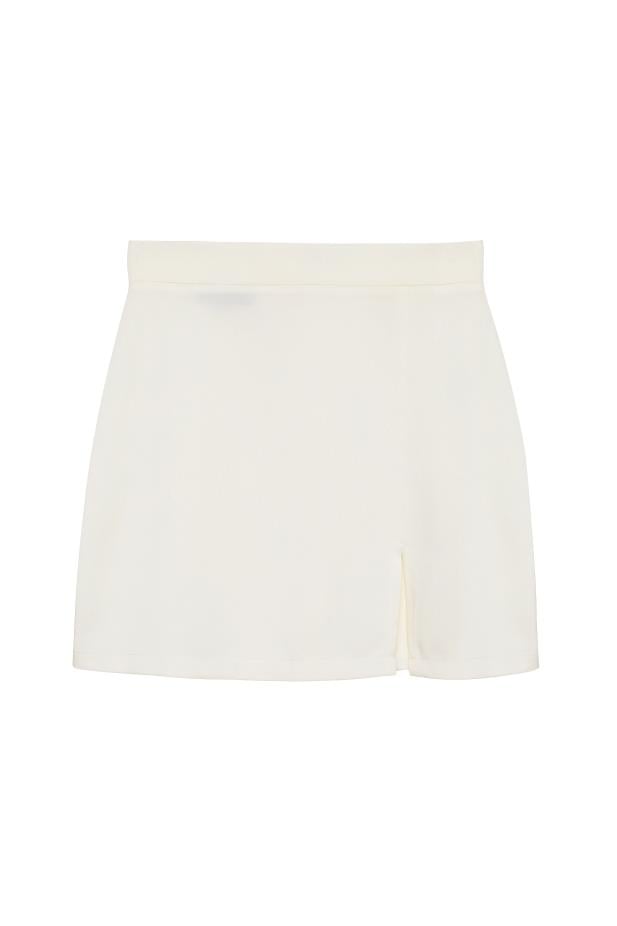 Quzu Yırtmaç Detaylı Saten Etek Ekru