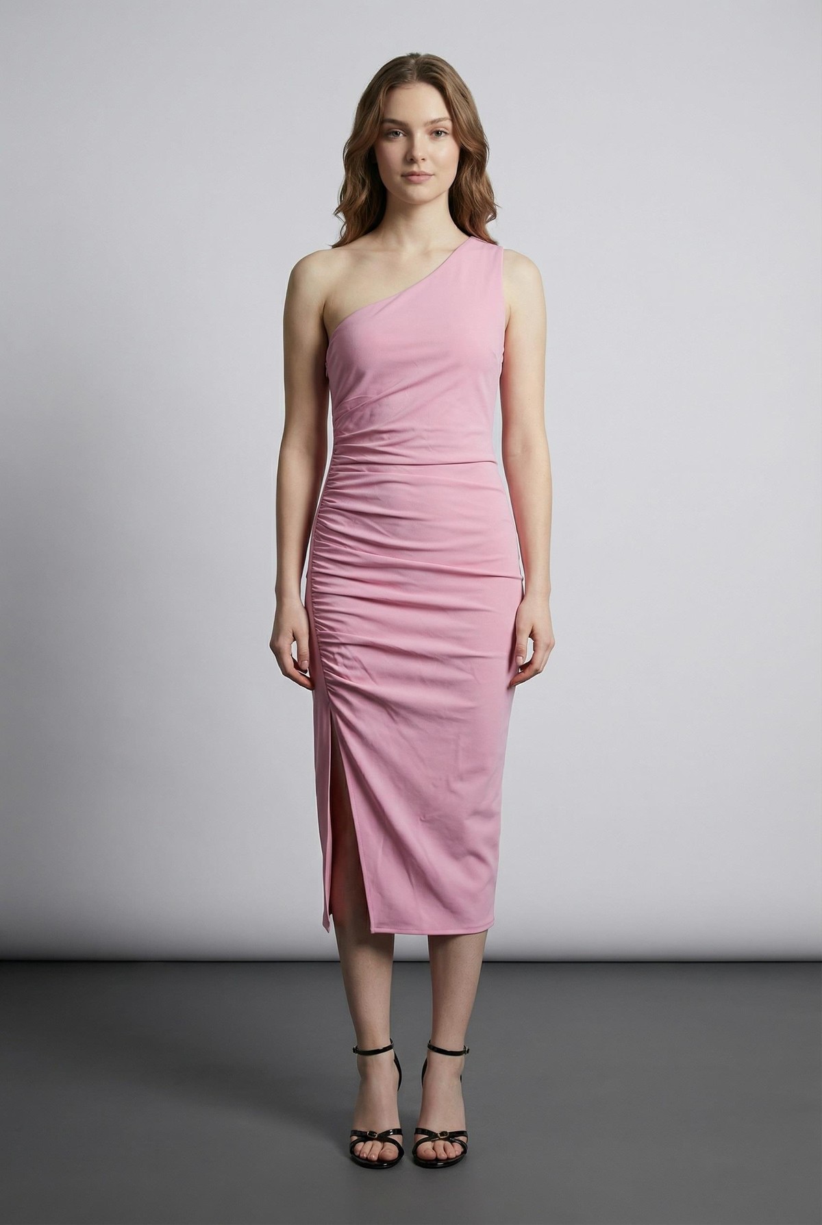 Quzu Yırtmaç Ve Büzgülü Elbise Pembe