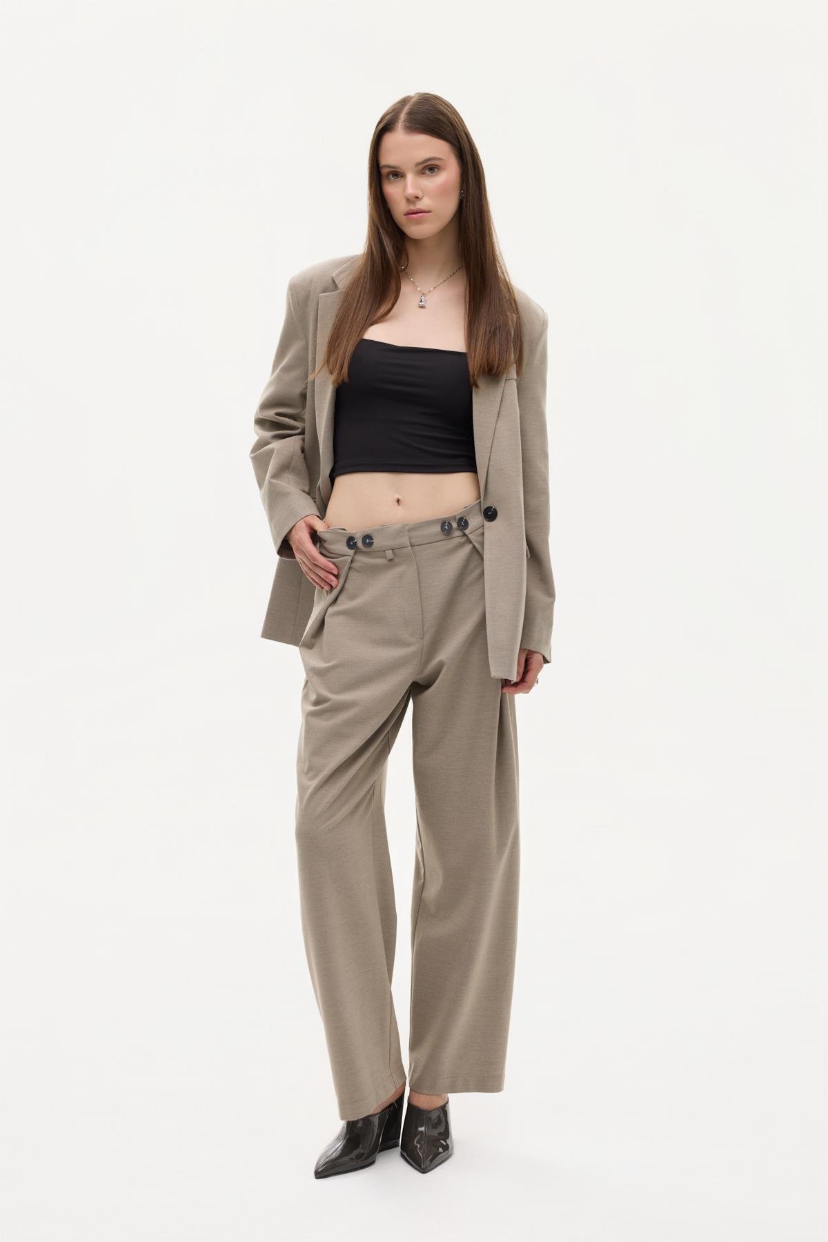 Quzu Yüksek Bel Düğmeli Pantolon Vizon
