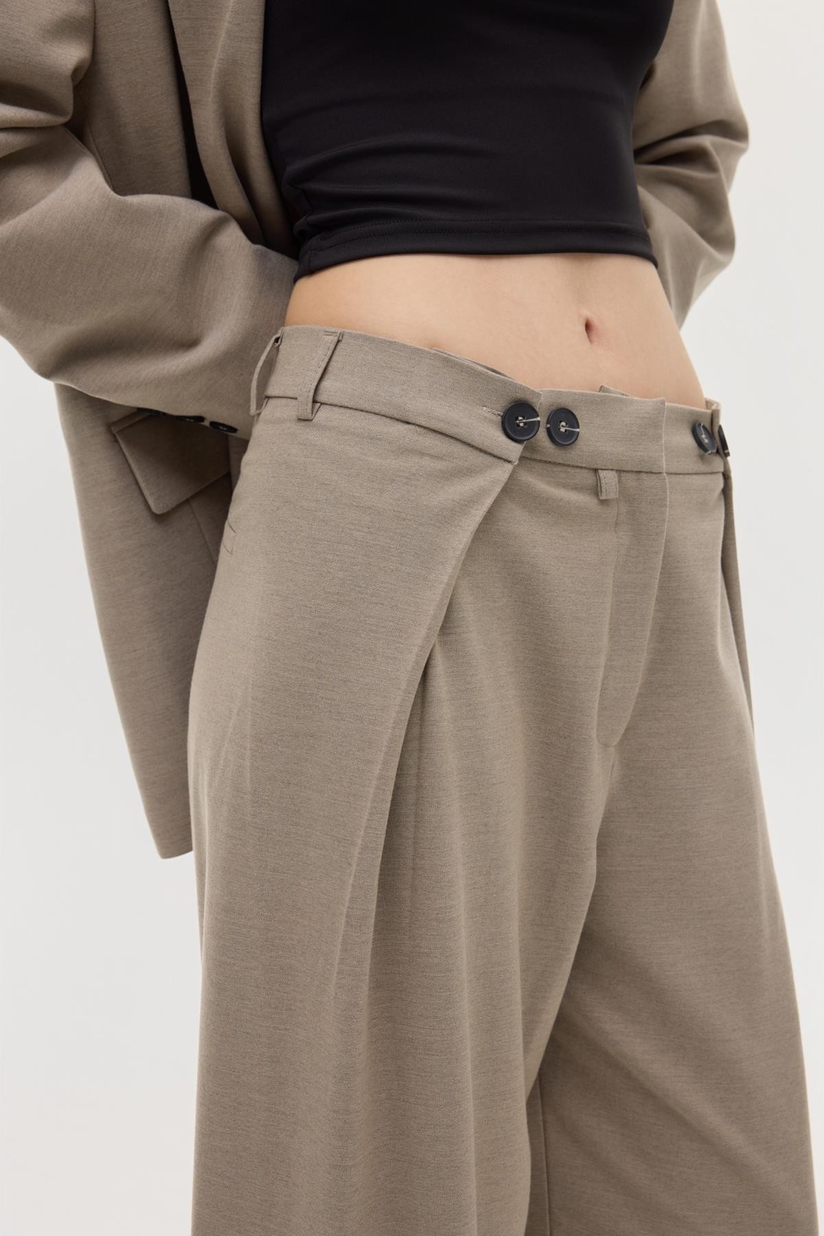 Quzu Yüksek Bel Düğmeli Pantolon Vizon