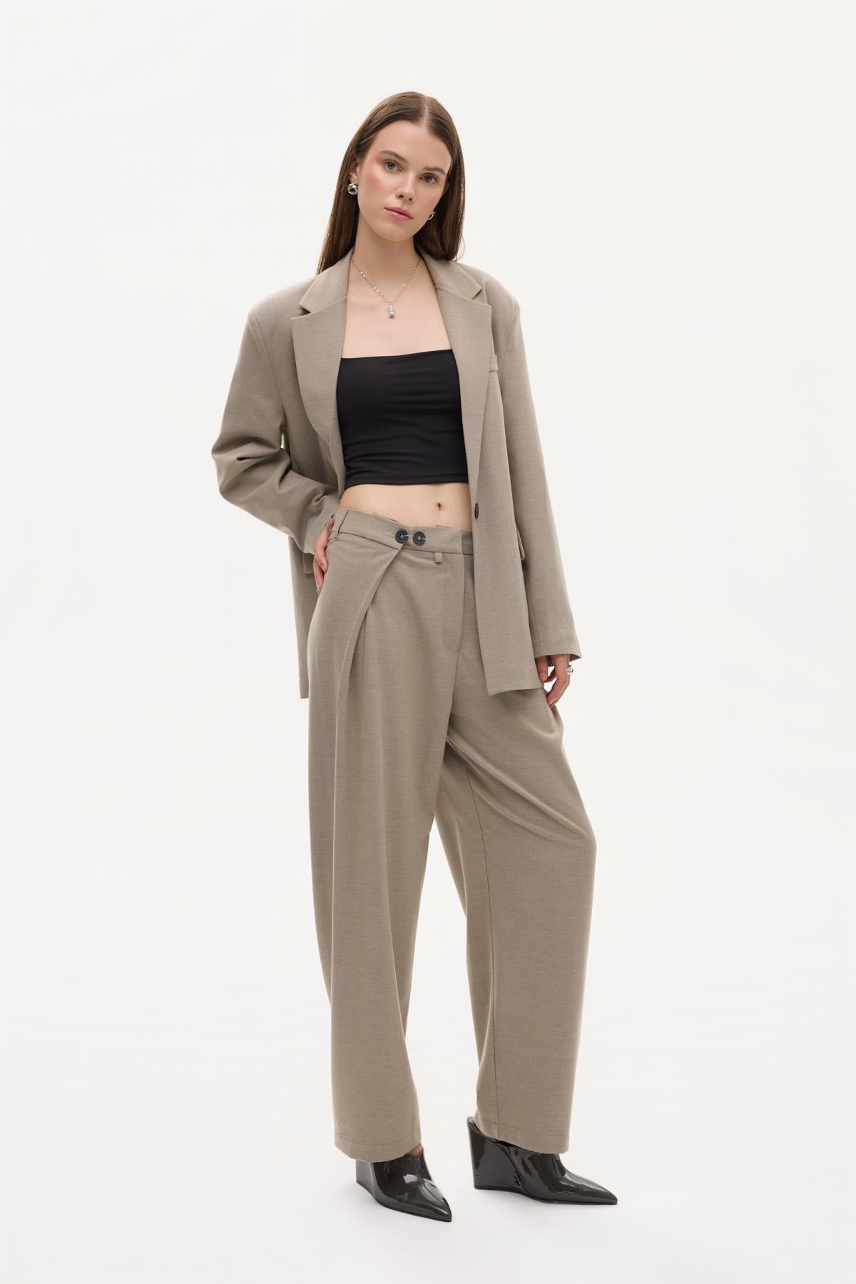 Quzu Yüksek Bel Düğmeli Pantolon Vizon