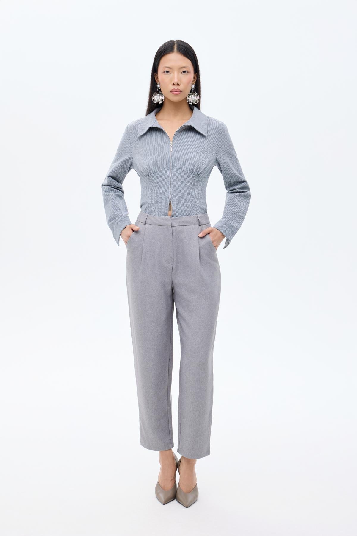 Quzu Yüksek Bel Havuç Pantolon Gri